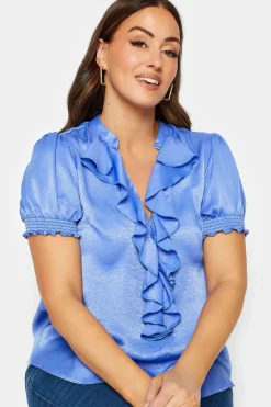 M&Co Womens Blue Frill Satin Blouse><noscript><img width=