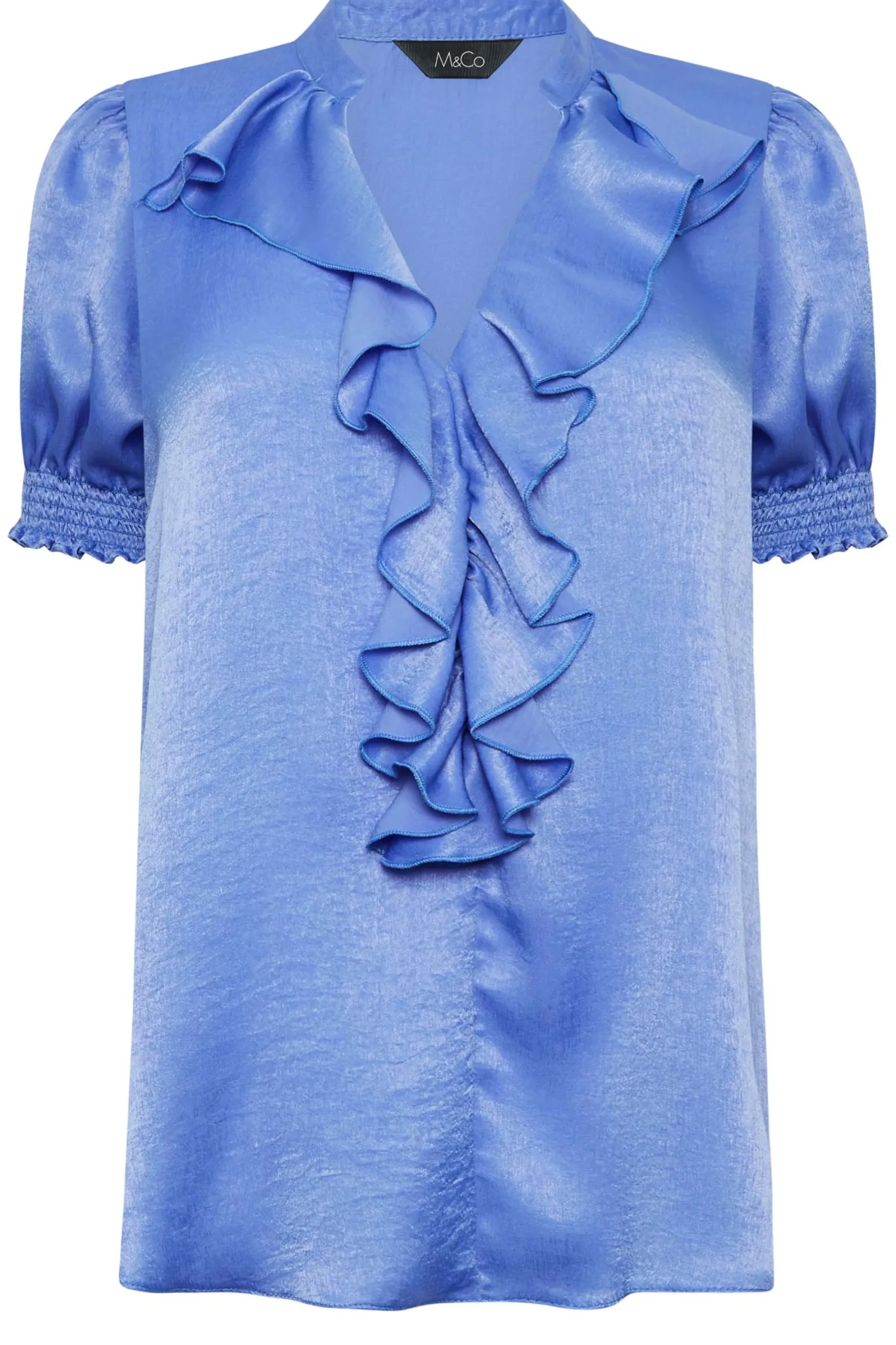 M&Co Womens Blue Frill Satin Blouse>Women Short Sleeve Tops