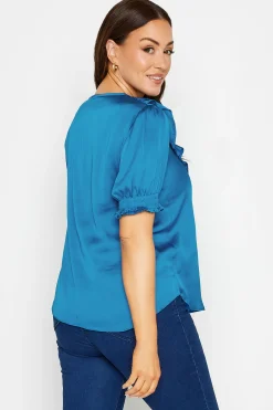 M&Co Womens Blue Frill Front Satin Blouse><noscript><img width=
