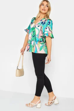 M&Co Womens Blue Geometric Print Satin Blouse>Women Short Sleeve Tops
