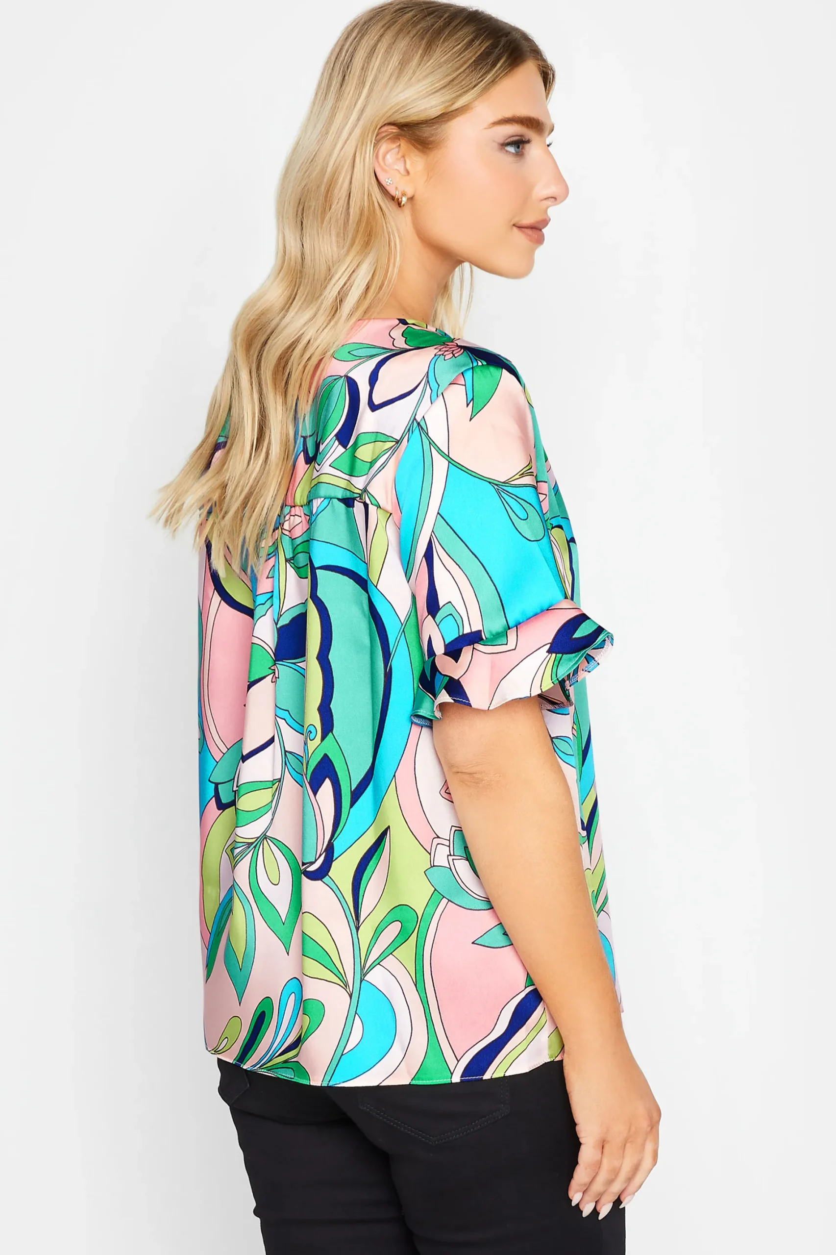 M&Co Womens Blue Geometric Print Satin Blouse>Women Short Sleeve Tops