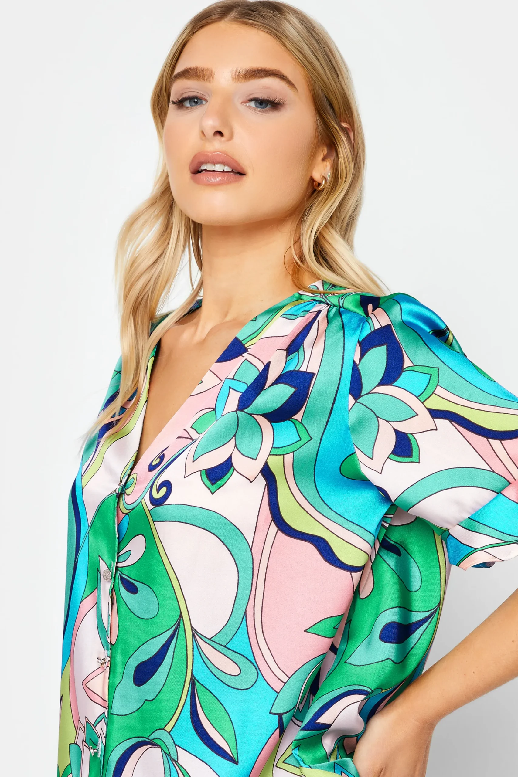 M&Co Womens Blue Geometric Print Satin Blouse>Women Short Sleeve Tops