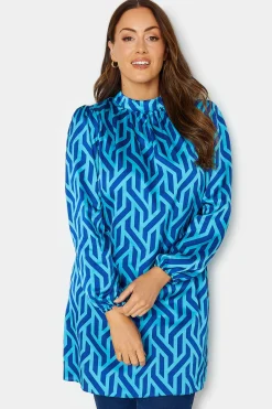M&Co Womens Blue Geometric Print Satin Tunic Blouse>Women Long Sleeve Tops