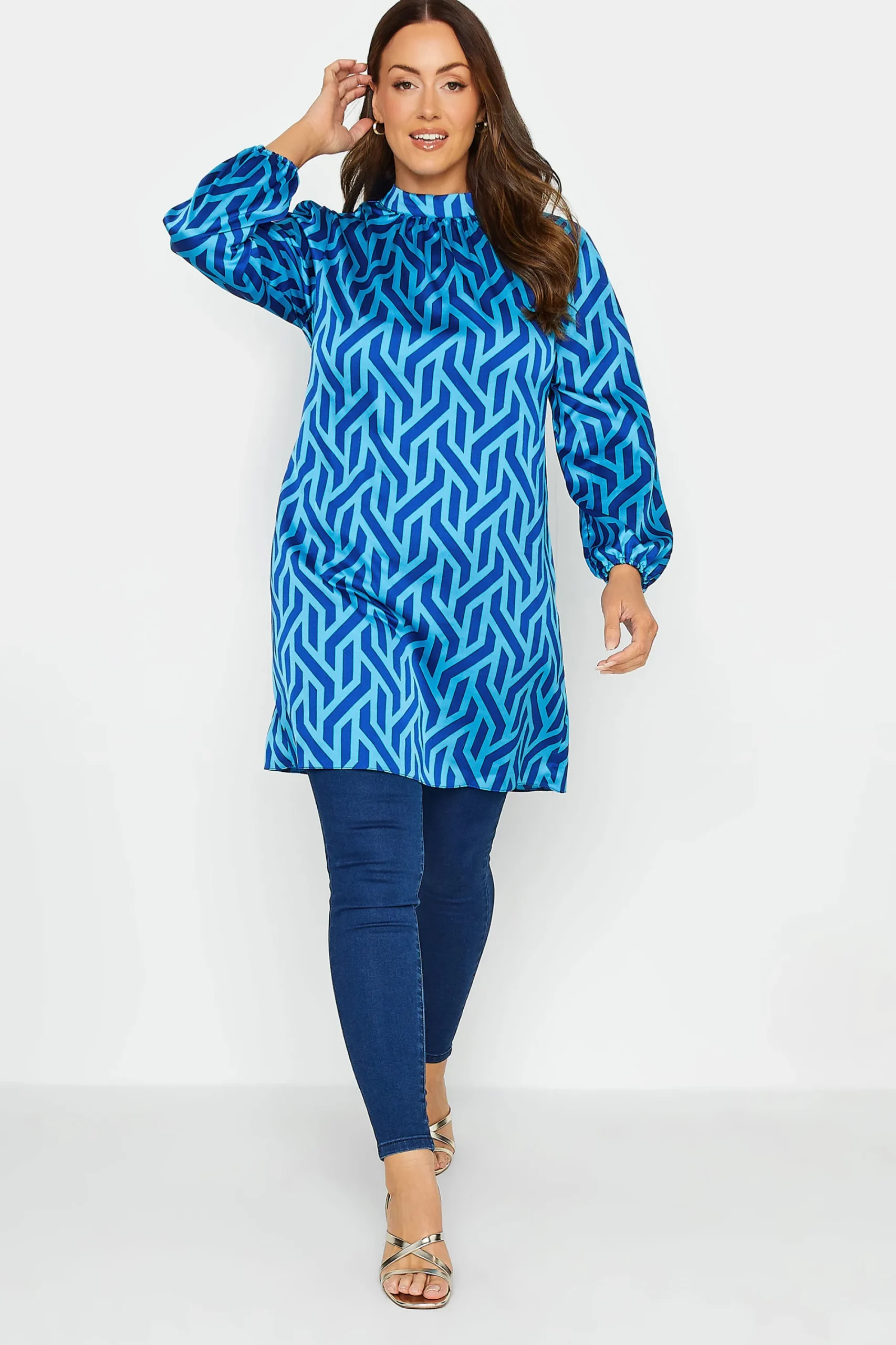M&Co Womens Blue Geometric Print Satin Tunic Blouse>Women Long Sleeve Tops