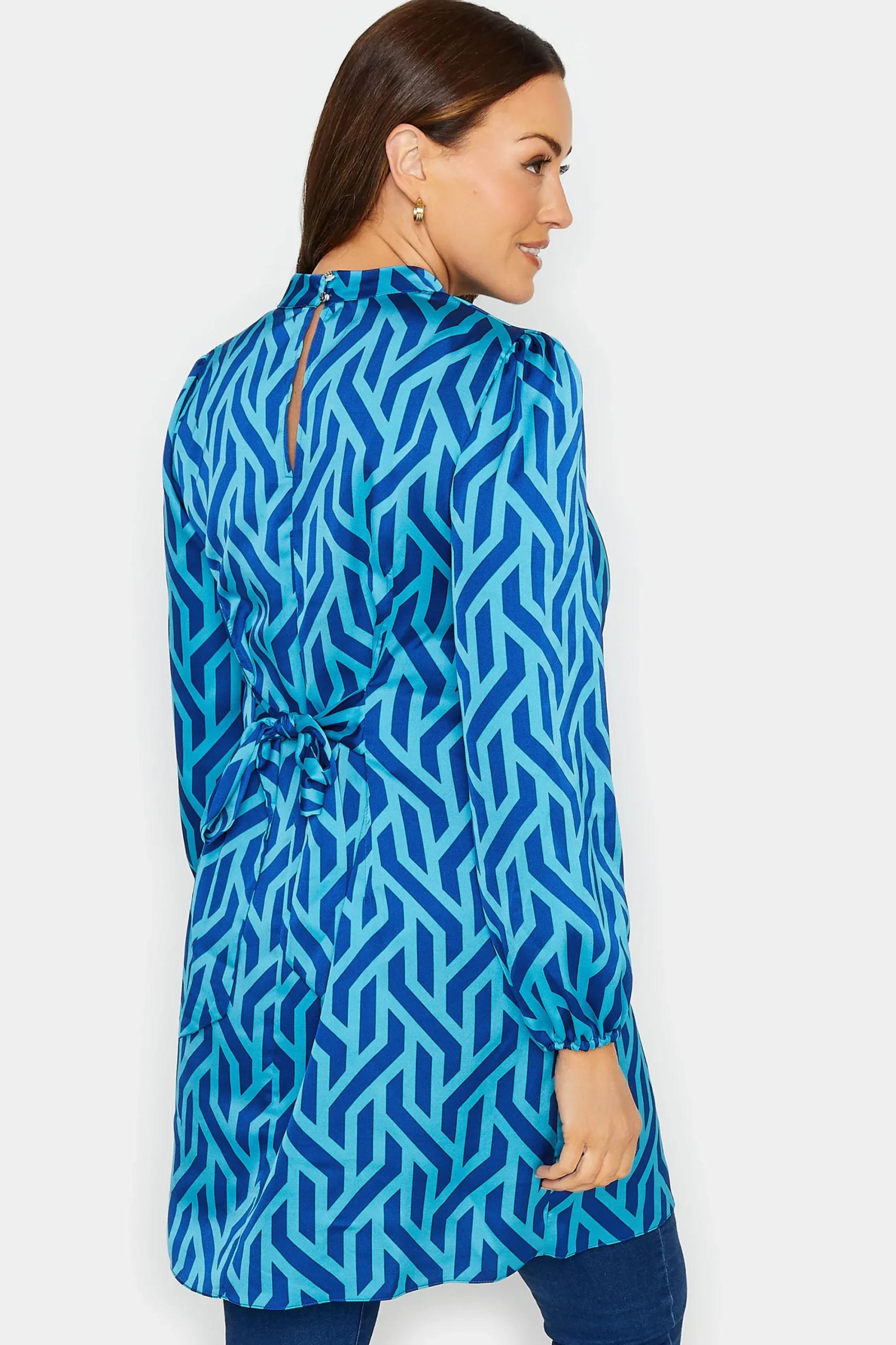 M&Co Womens Blue Geometric Print Satin Tunic Blouse>Women Long Sleeve Tops