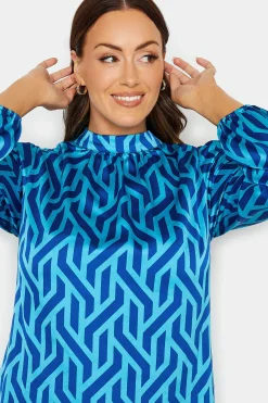 M&Co Womens Blue Geometric Print Satin Tunic Blouse><noscript><img width=