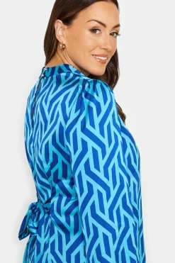 M&Co Womens Blue Geometric Print Satin Tunic Blouse><noscript><img width=