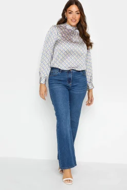 M&Co Womens Blue Geometric Print High Neck Satin Blouse>Women Long Sleeve Tops
