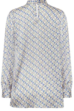 M&Co Womens Blue Geometric Print High Neck Satin Blouse><noscript><img width=