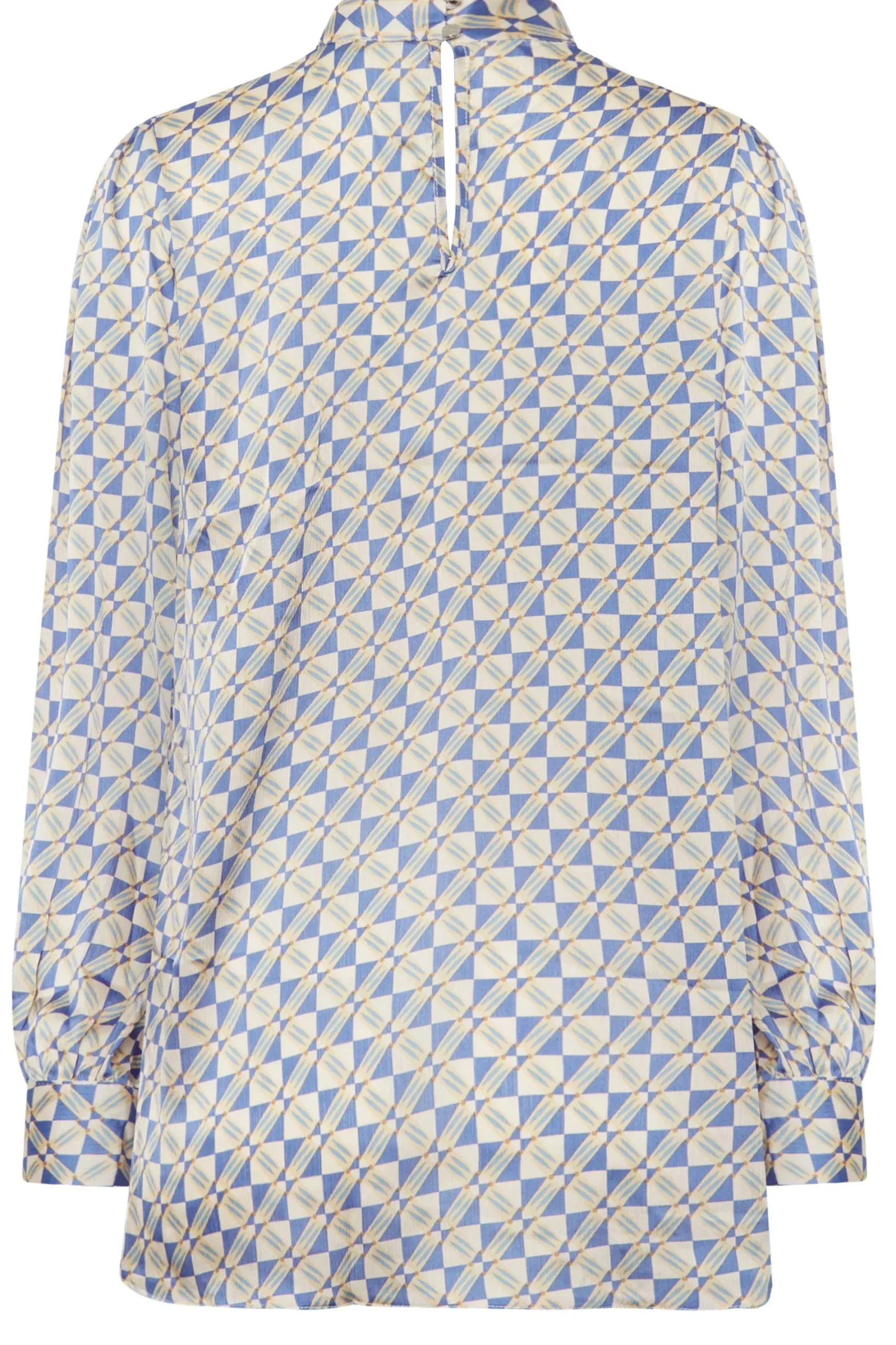 M&Co Womens Blue Geometric Print High Neck Satin Blouse>Women Long Sleeve Tops