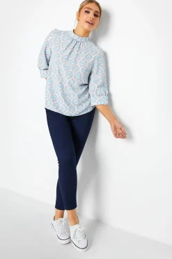 M&Co Womens Blue Geometric Print High Neck Blouse>Women Blouses