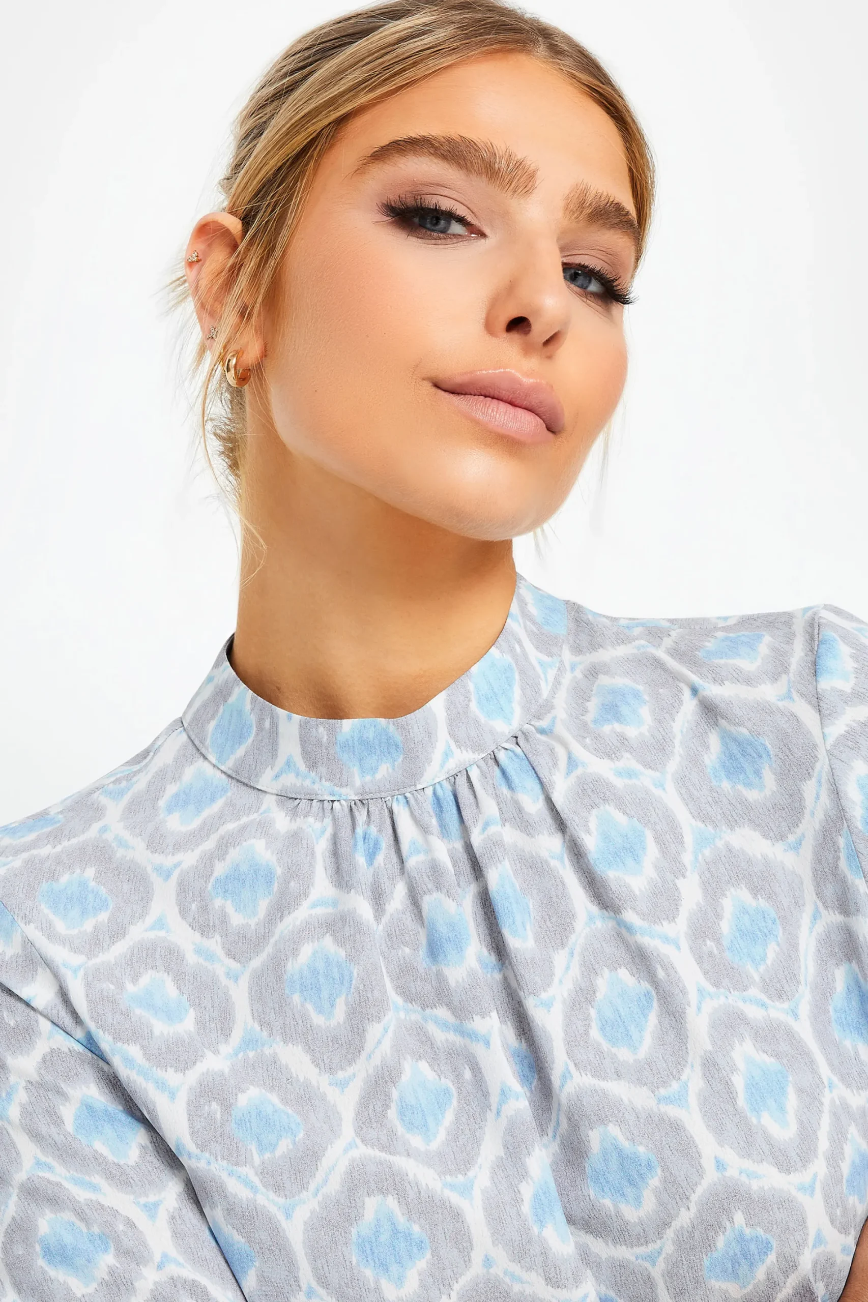 M&Co Womens Blue Geometric Print High Neck Blouse>Women Blouses