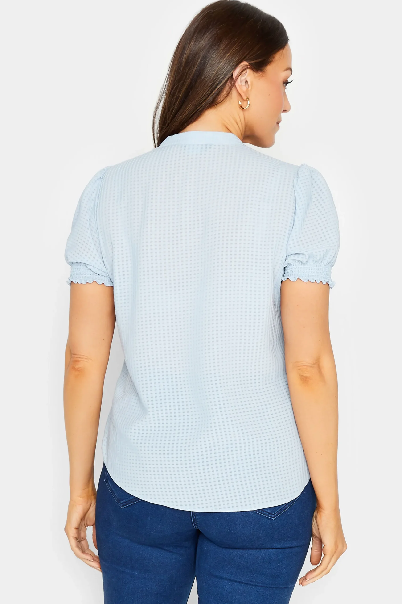 M&Co Womens Blue Gingham Frill Front Blouse>Women Short Sleeve Tops
