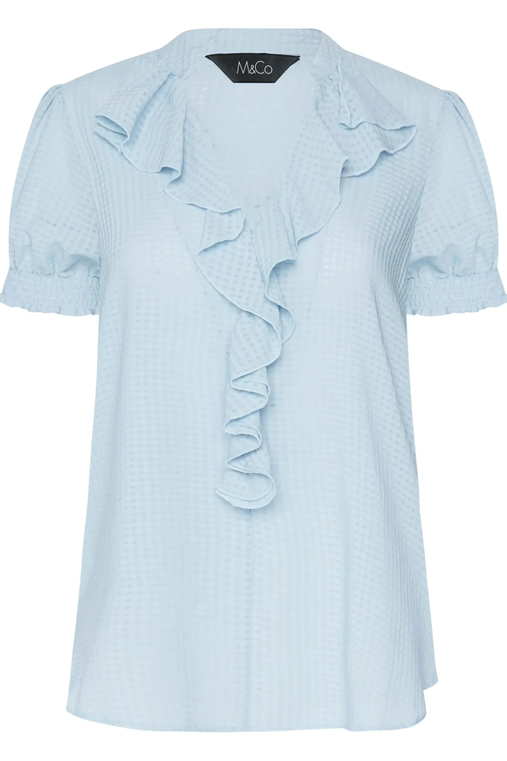 M&Co Womens Blue Gingham Frill Front Blouse>Women Short Sleeve Tops