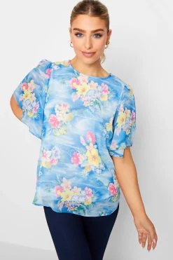 M&Co Womens Blue Hawaiian Print Angel Sleeve Blouse>Women Blouses