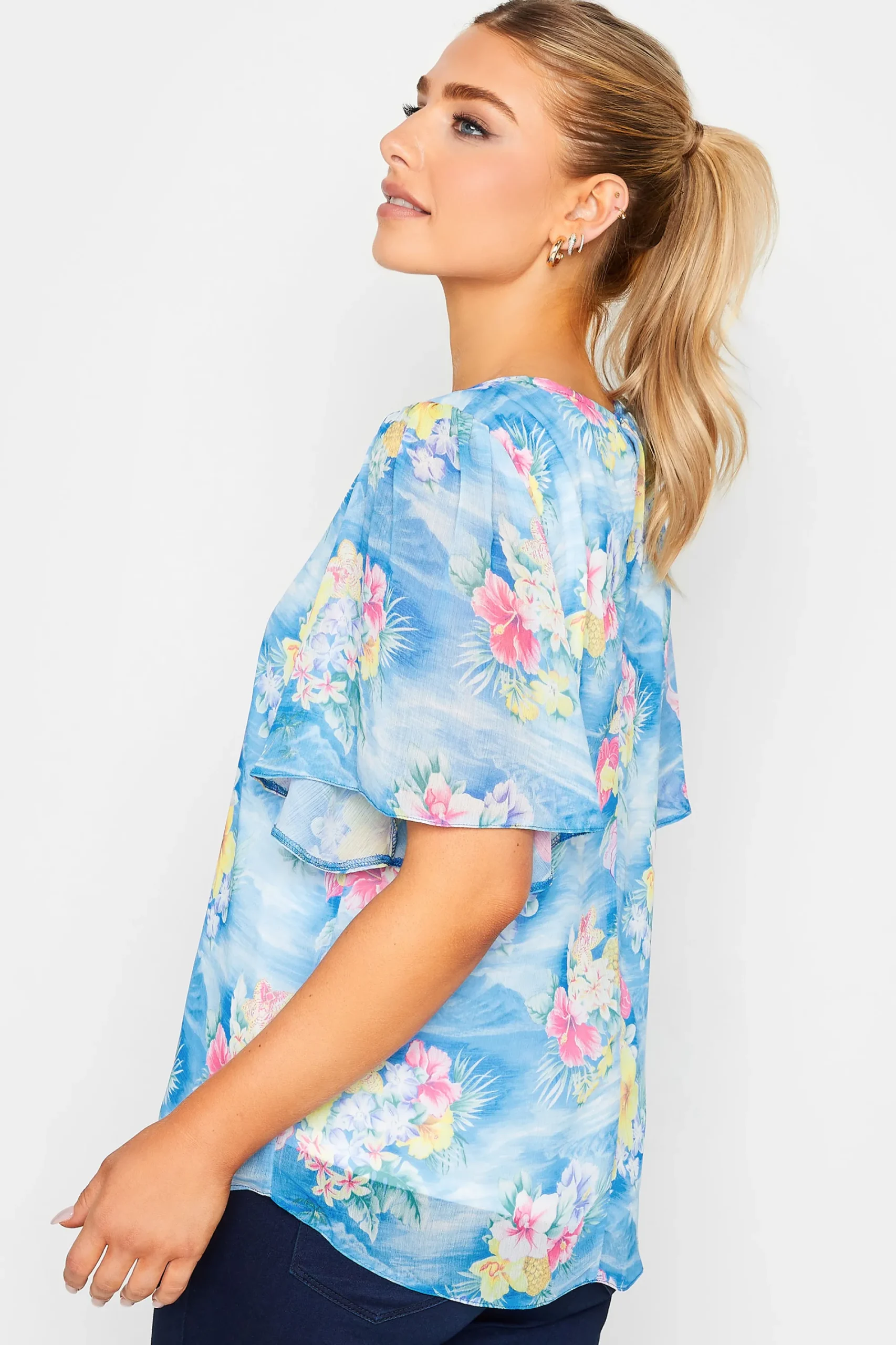 M&Co Womens Blue Hawaiian Print Angel Sleeve Blouse>Women Blouses