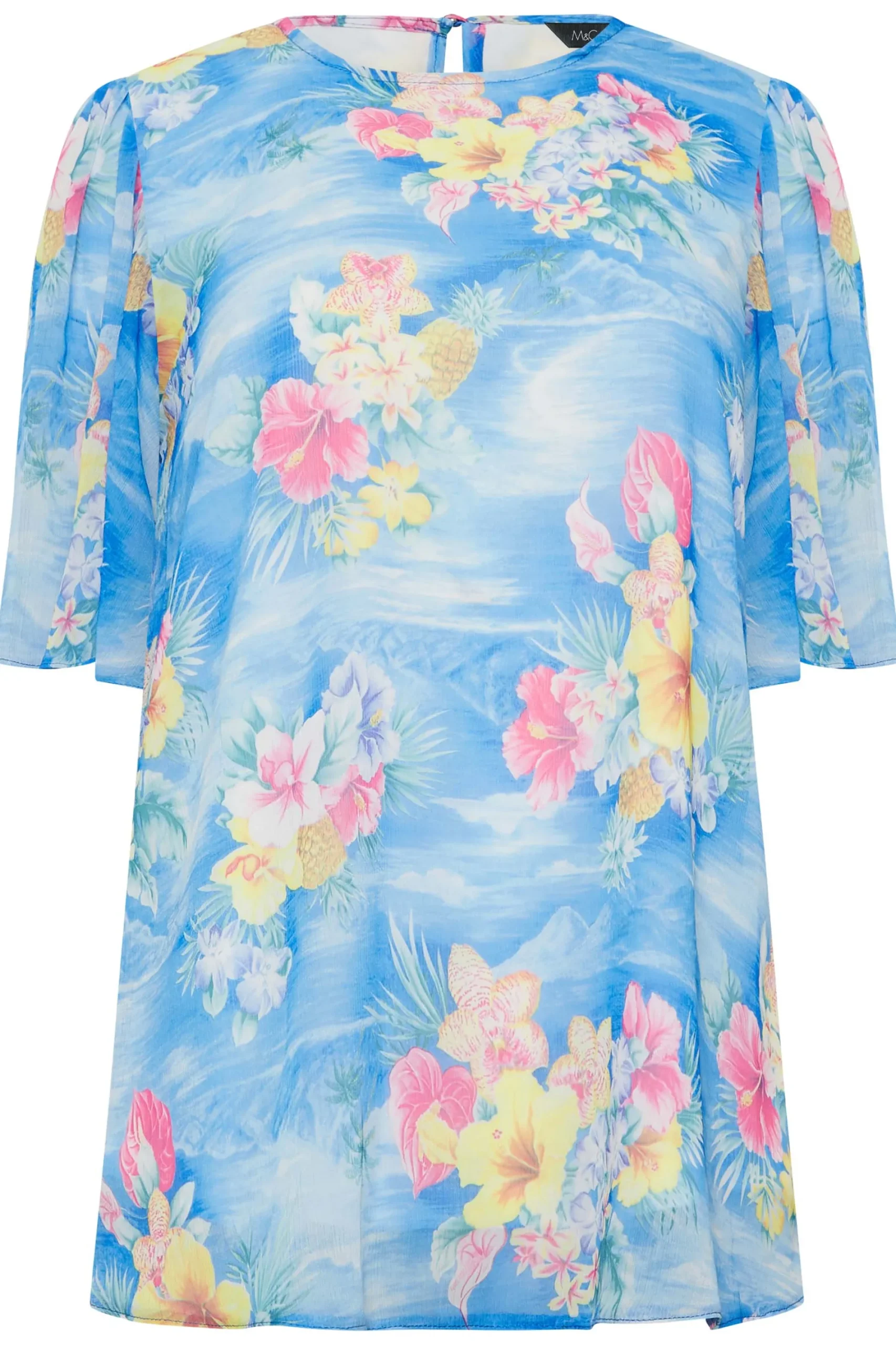 M&Co Womens Blue Hawaiian Print Angel Sleeve Blouse>Women Blouses