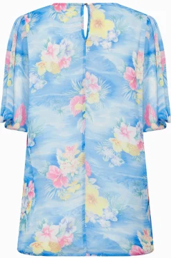M&Co Womens Blue Hawaiian Print Angel Sleeve Blouse><noscript><img width=