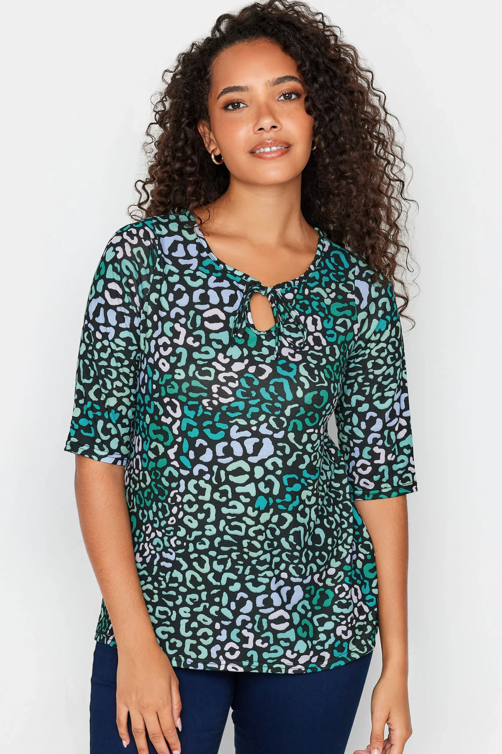M&Co Womens Blue Leopard Print Tie Front Top>Women Long Sleeve Tops