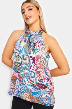 M&Co Womens Blue Paisley Print Halter Neck Blouse>Women Short Sleeve Tops