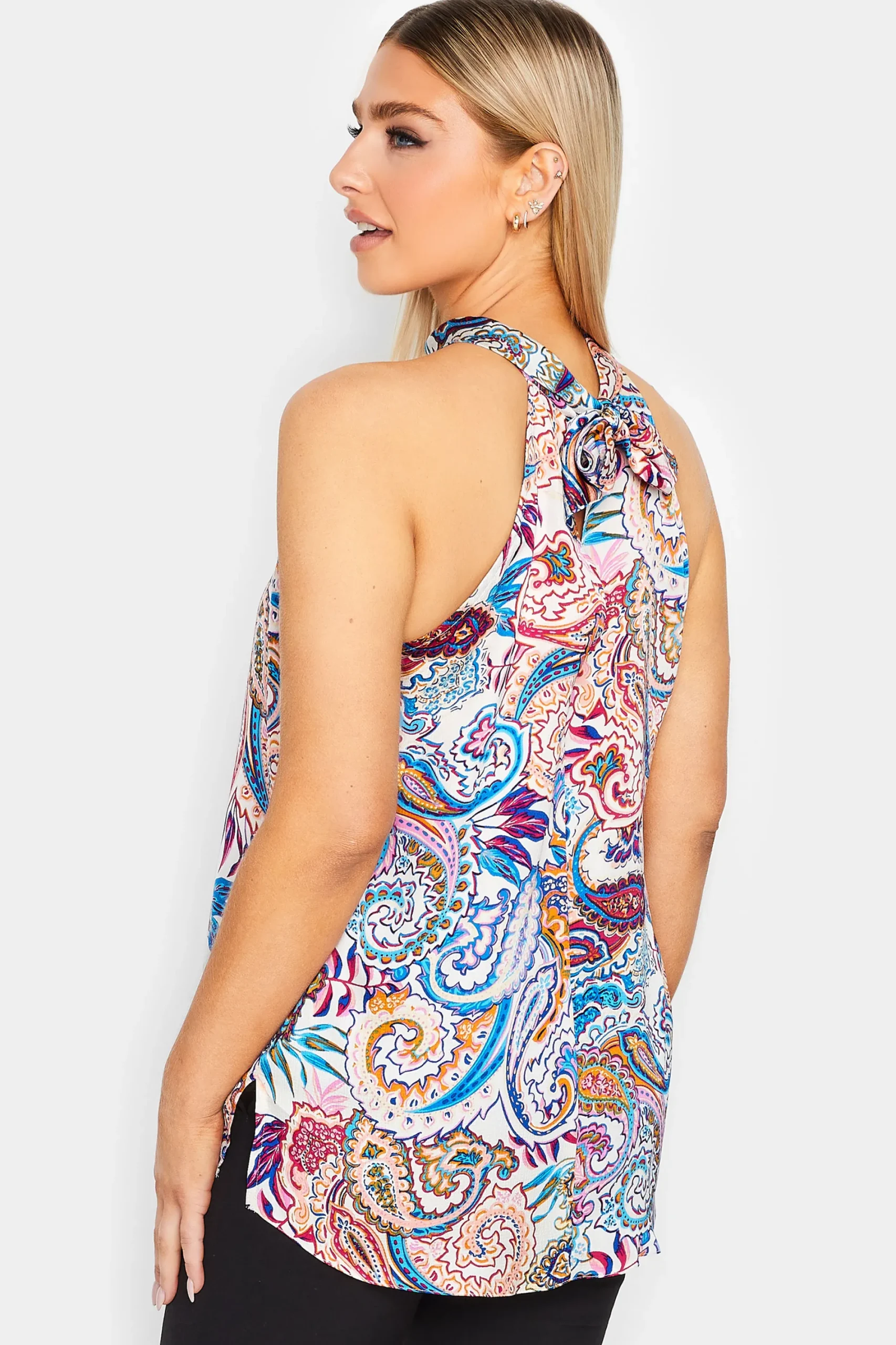 M&Co Womens Blue Paisley Print Halter Neck Blouse>Women Short Sleeve Tops
