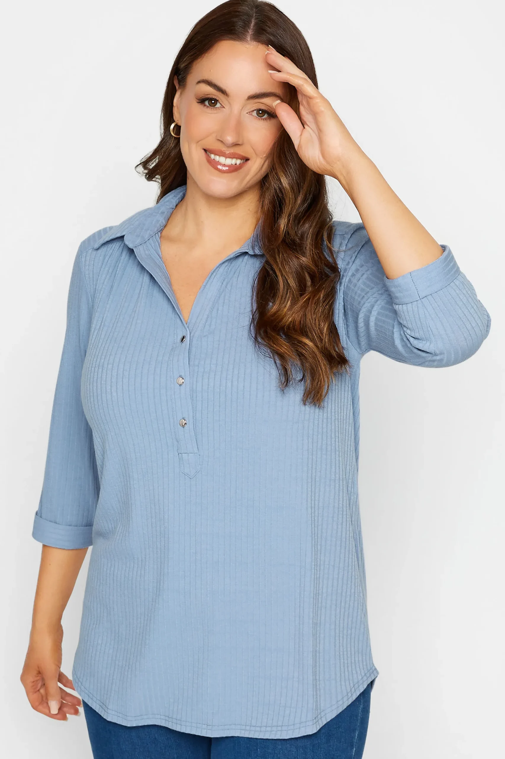 M&Co Womens Blue Ribbed V-Neck Shirt>Women Shirts