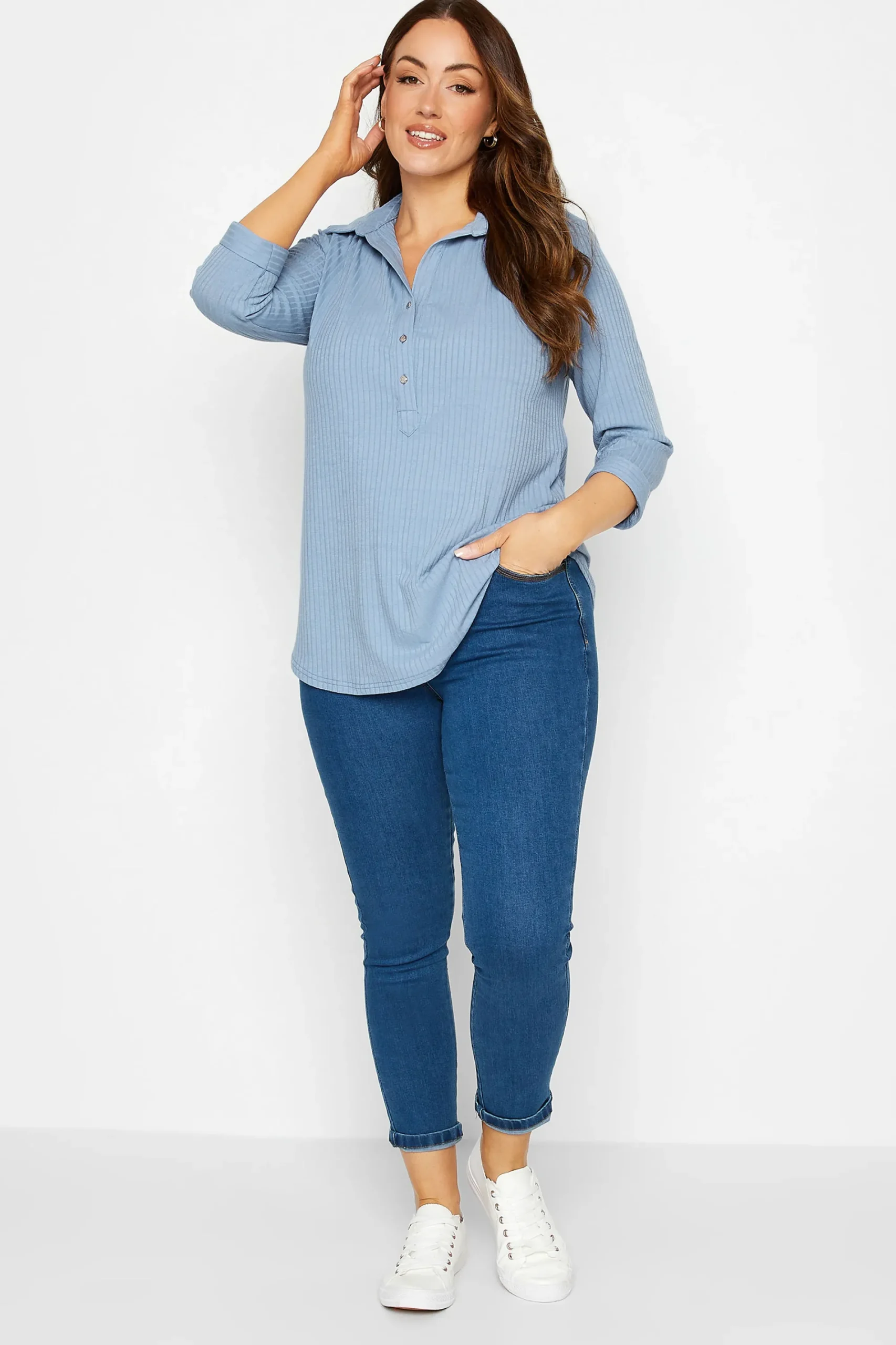 M&Co Womens Blue Ribbed V-Neck Shirt>Women Shirts