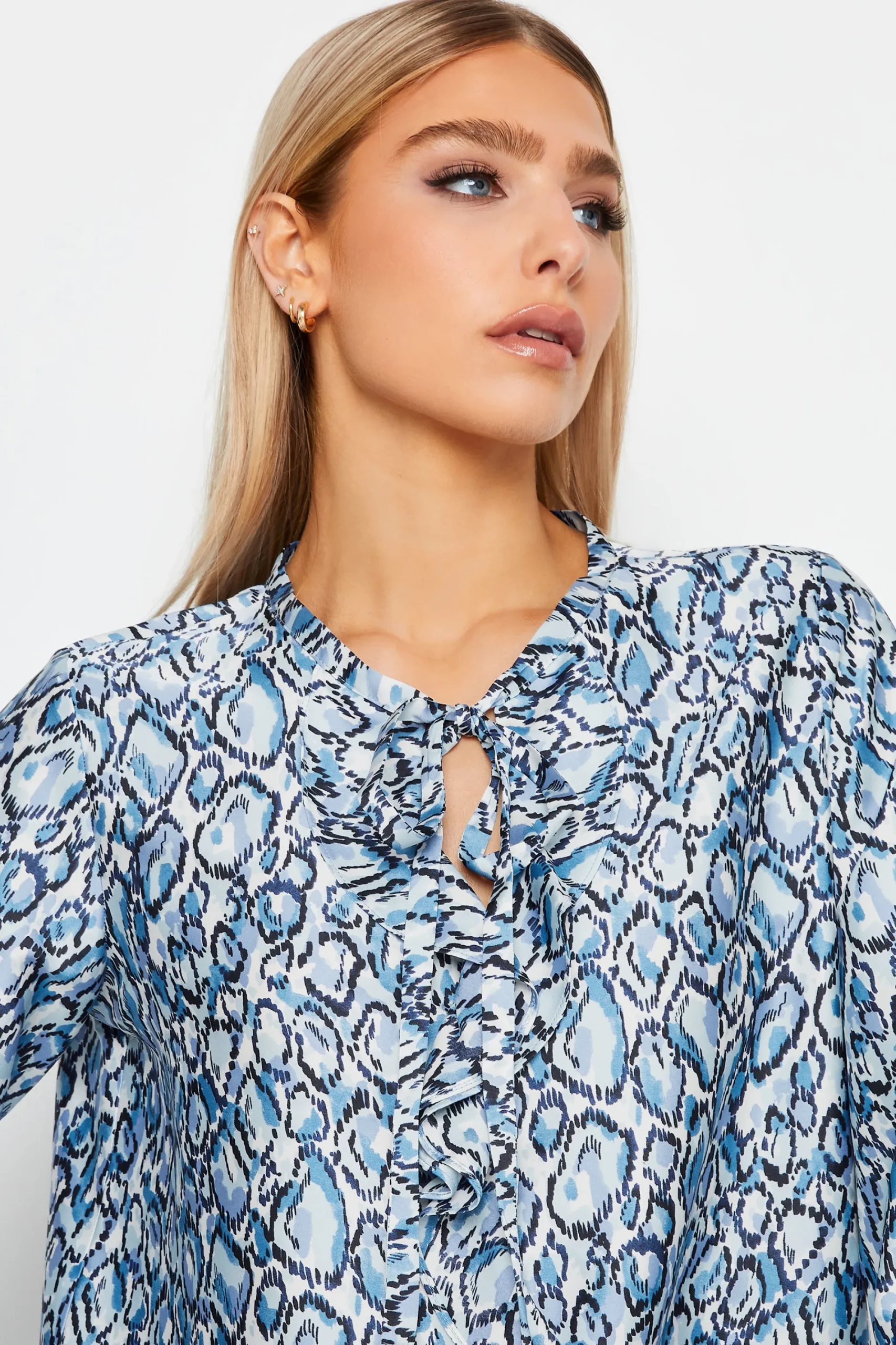 M&Co Womens Blue Snake Print Tie Neck Blouse>Women Long Sleeve Tops