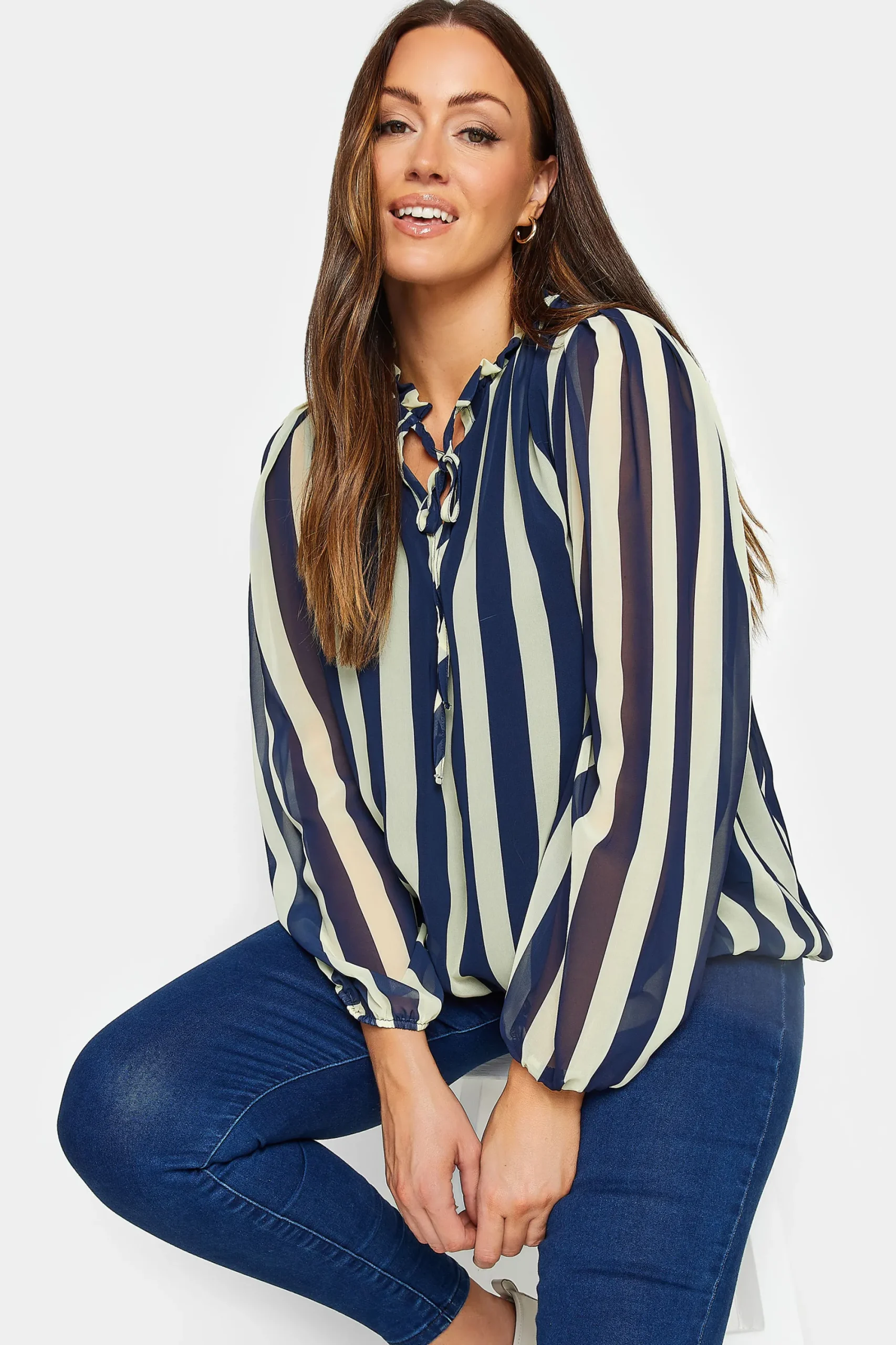 M&Co Womens Blue Stripe Tie Neck Blouse>Women Shirts