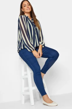 M&Co Womens Blue Stripe Tie Neck Blouse>Women Shirts