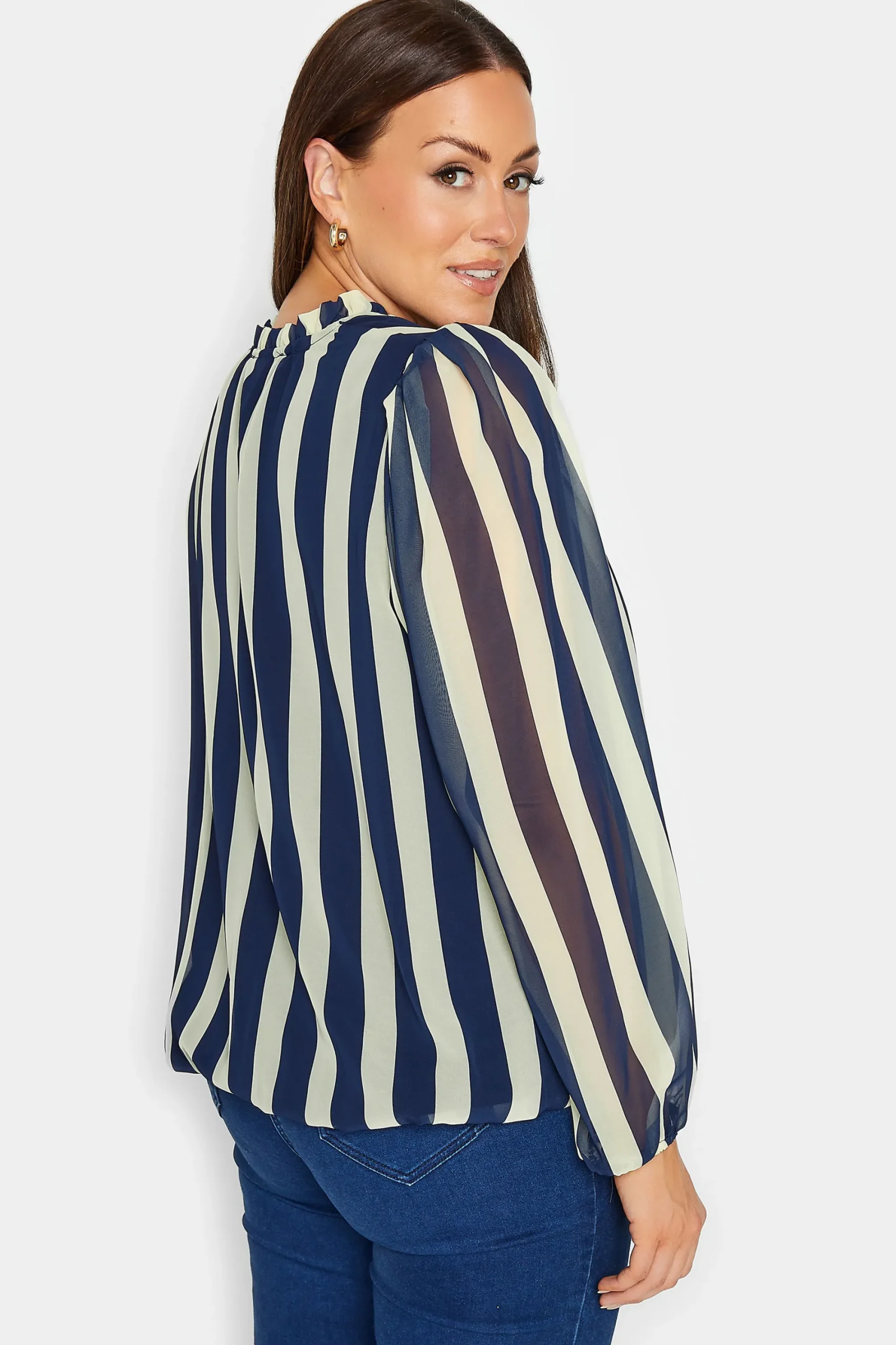 M&Co Womens Blue Stripe Tie Neck Blouse>Women Shirts