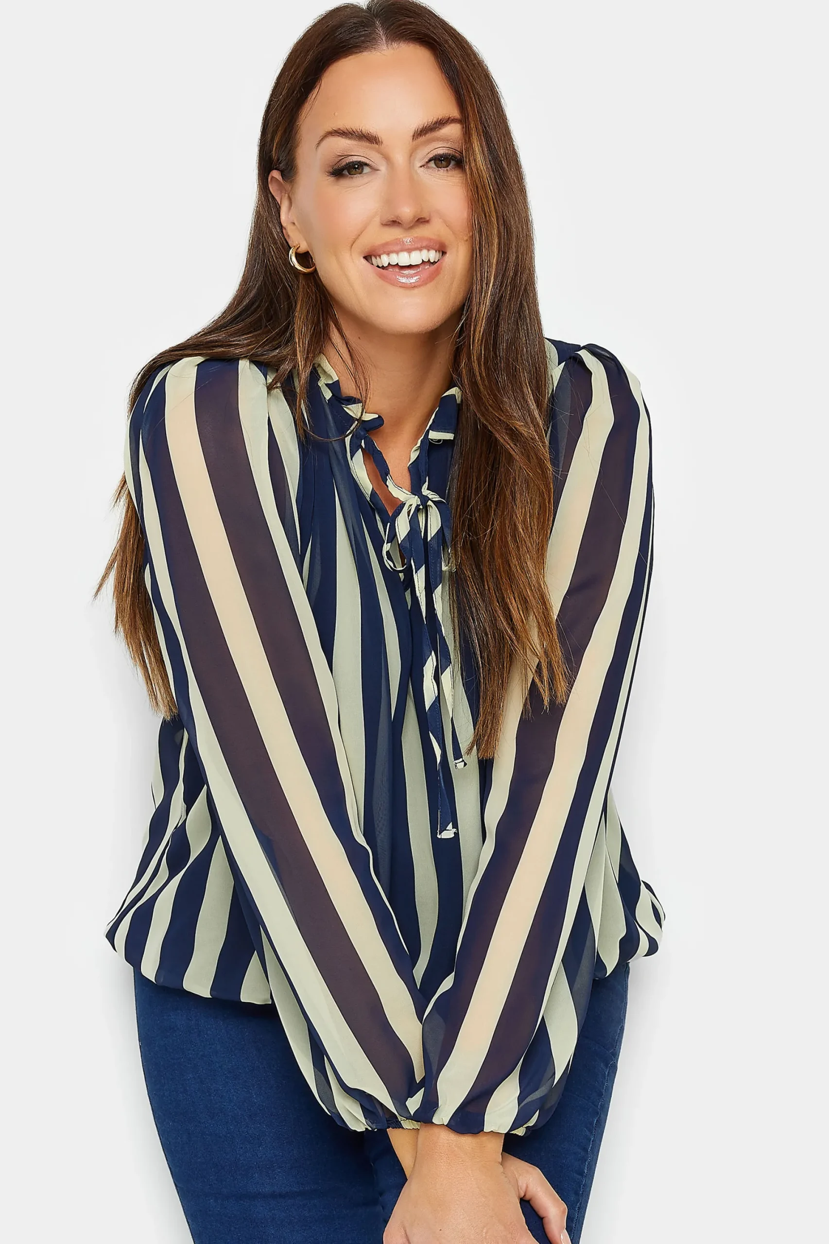 M&Co Womens Blue Stripe Tie Neck Blouse>Women Shirts
