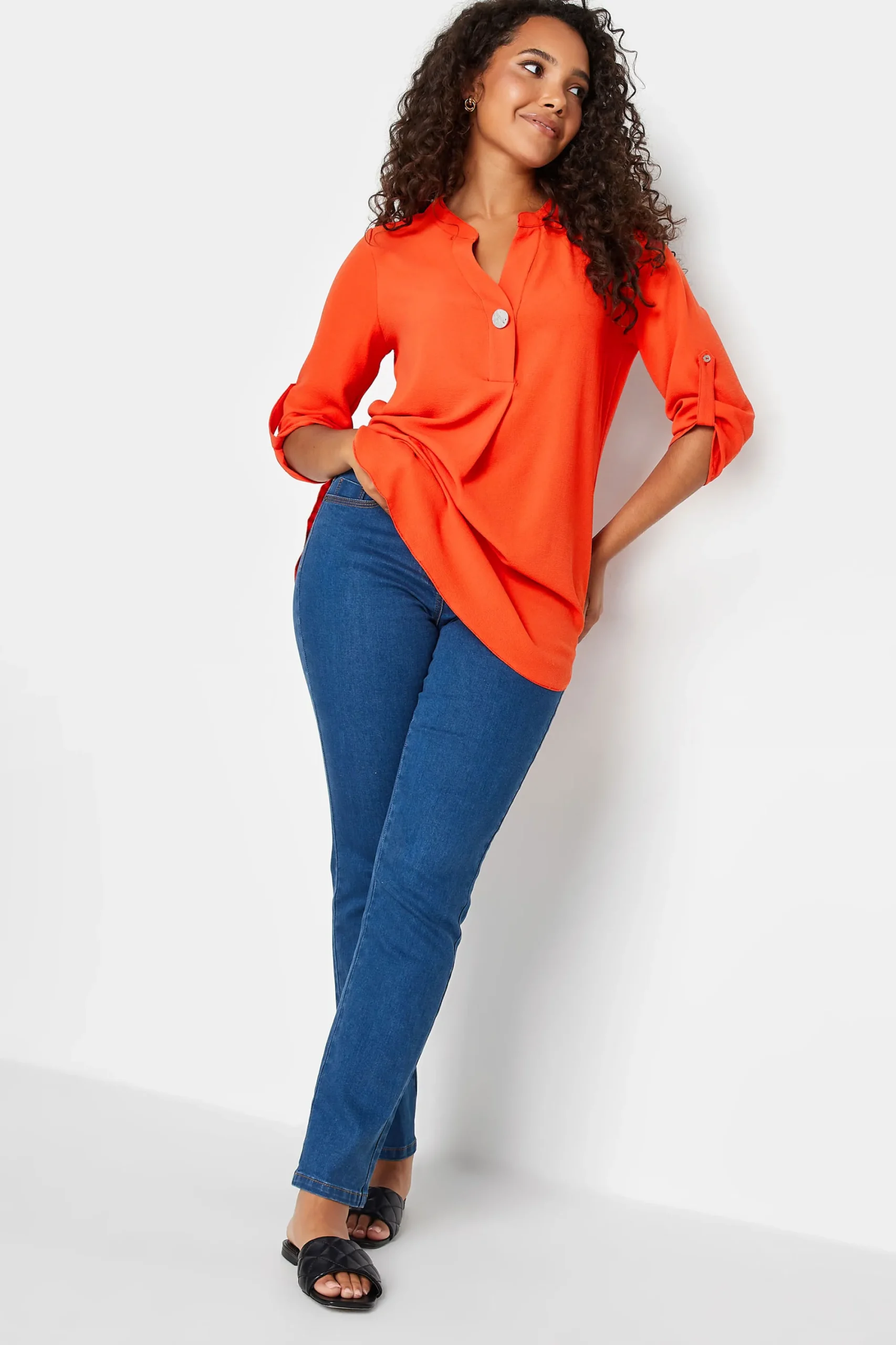 M&Co Womens Bright Orange Statement Button Tab Sleeve Shirt>Women Shirts