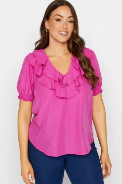M&Co Womens Bright Pink Frill Front Blouse>Women Short Sleeve Tops