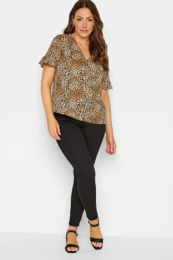 M&Co Womens Brown Animal Print Frill Sleeve Button Through Blouse>Women Short Sleeve Tops