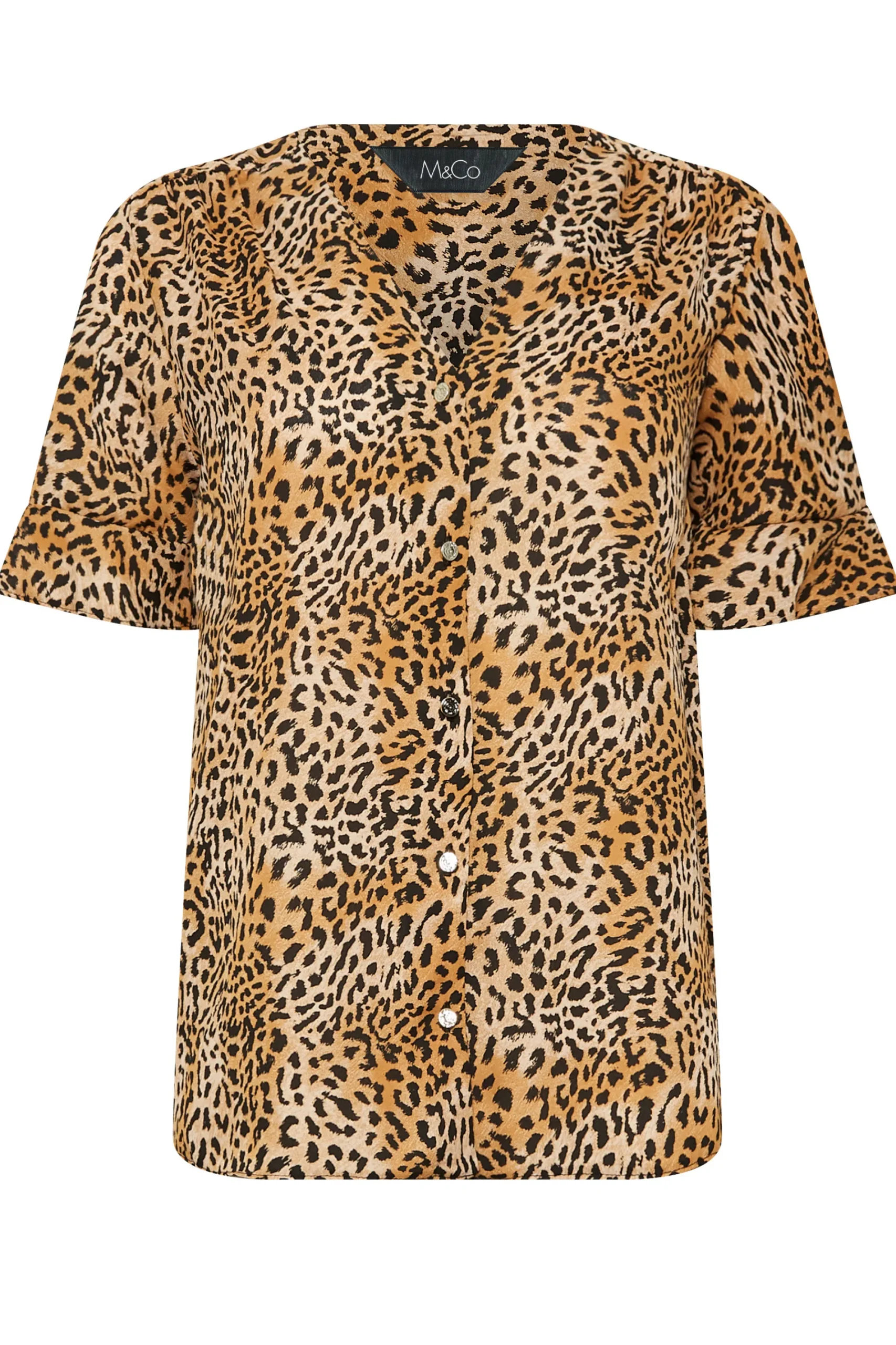 M&Co Womens Brown Animal Print Frill Sleeve Button Through Blouse>Women Short Sleeve Tops