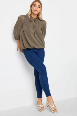 M&Co Womens Brown Dobby Tie Neck Blouse>Women Long Sleeve Tops