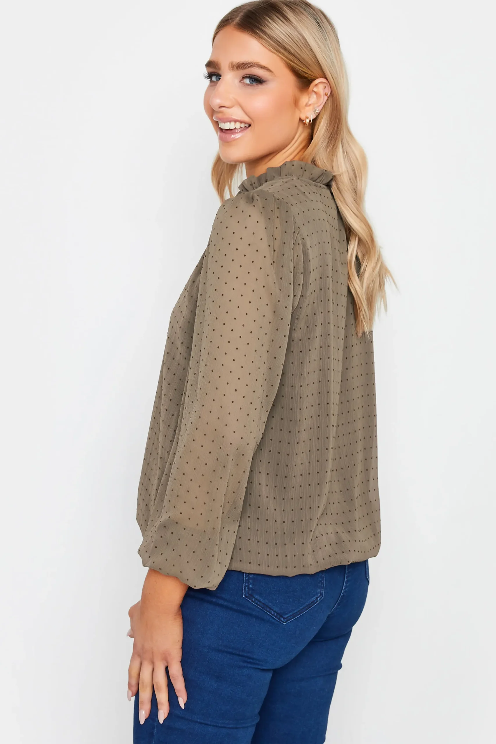 M&Co Womens Brown Dobby Tie Neck Blouse>Women Long Sleeve Tops