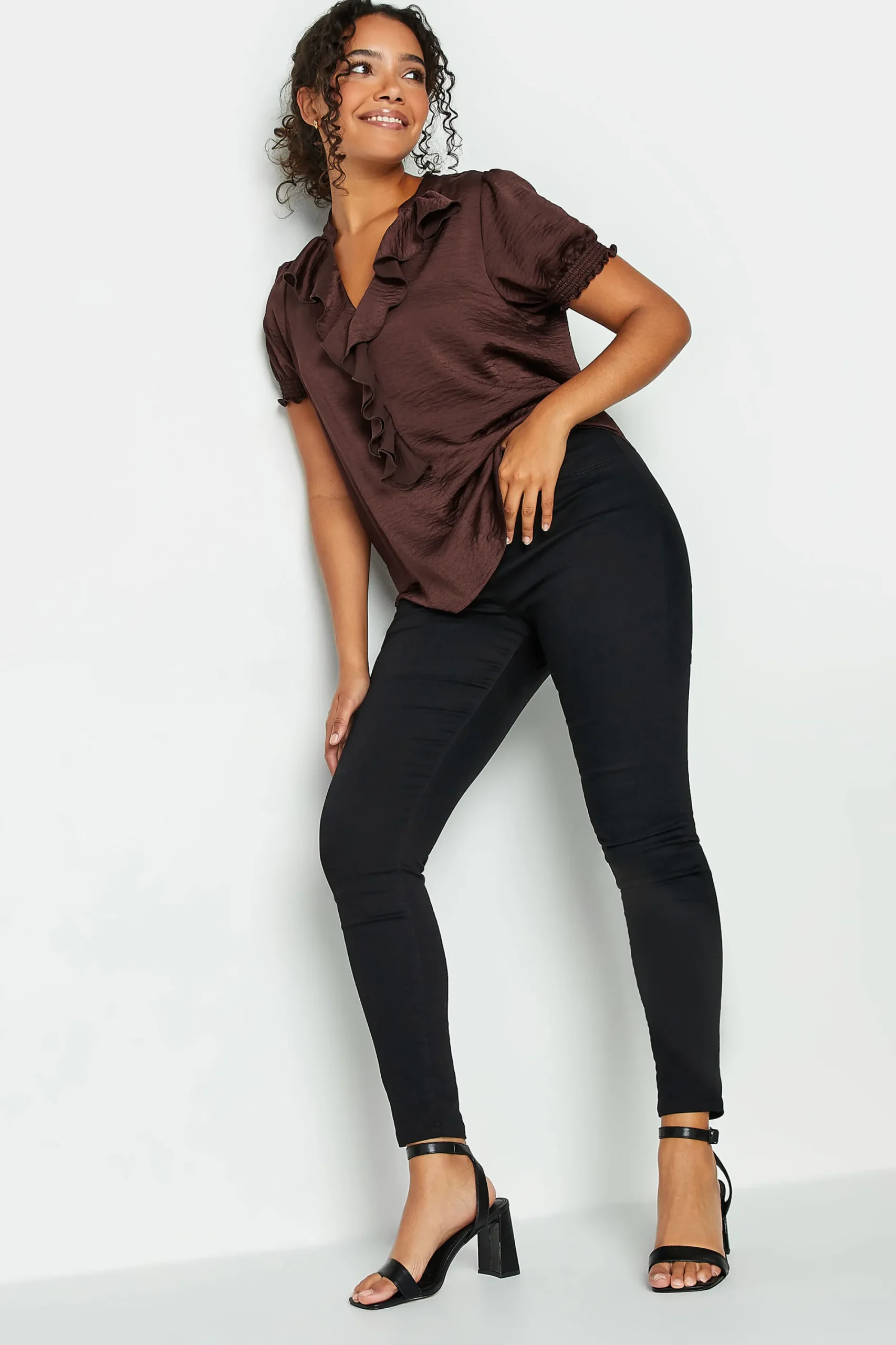 M&Co Womens Brown Frill Satin Blouse>Women Short Sleeve Tops