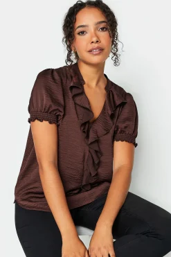 M&Co Womens Brown Frill Satin Blouse><noscript><img width=