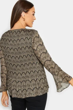 M&Co Womens Brown Long Sleeve Lace Print Pleat Top><noscript><img width=