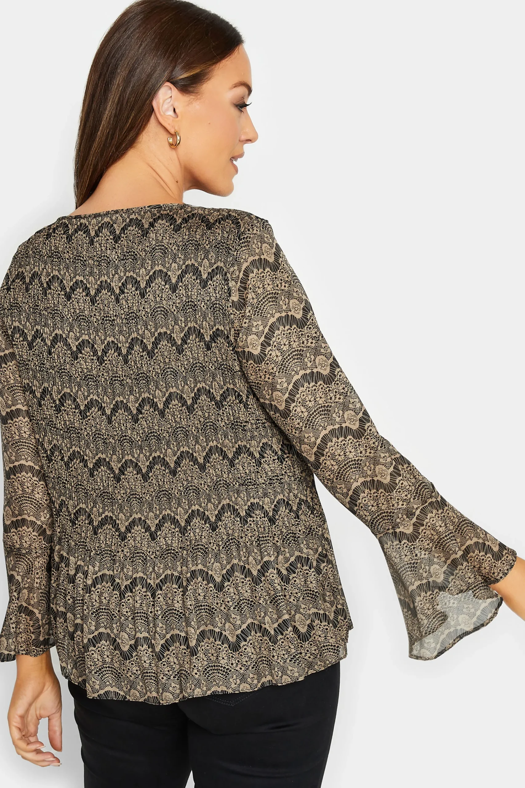 M&Co Womens Brown Long Sleeve Lace Print Pleat Top>Women Long Sleeve Tops