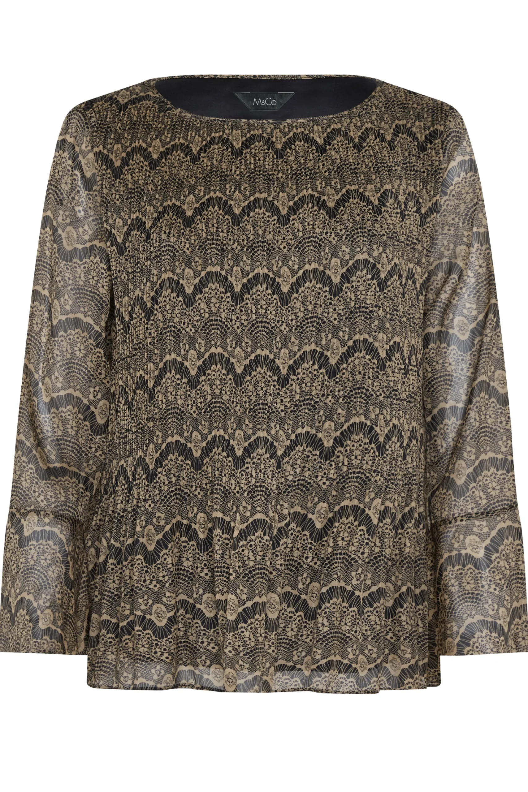 M&Co Womens Brown Long Sleeve Lace Print Pleat Top>Women Long Sleeve Tops