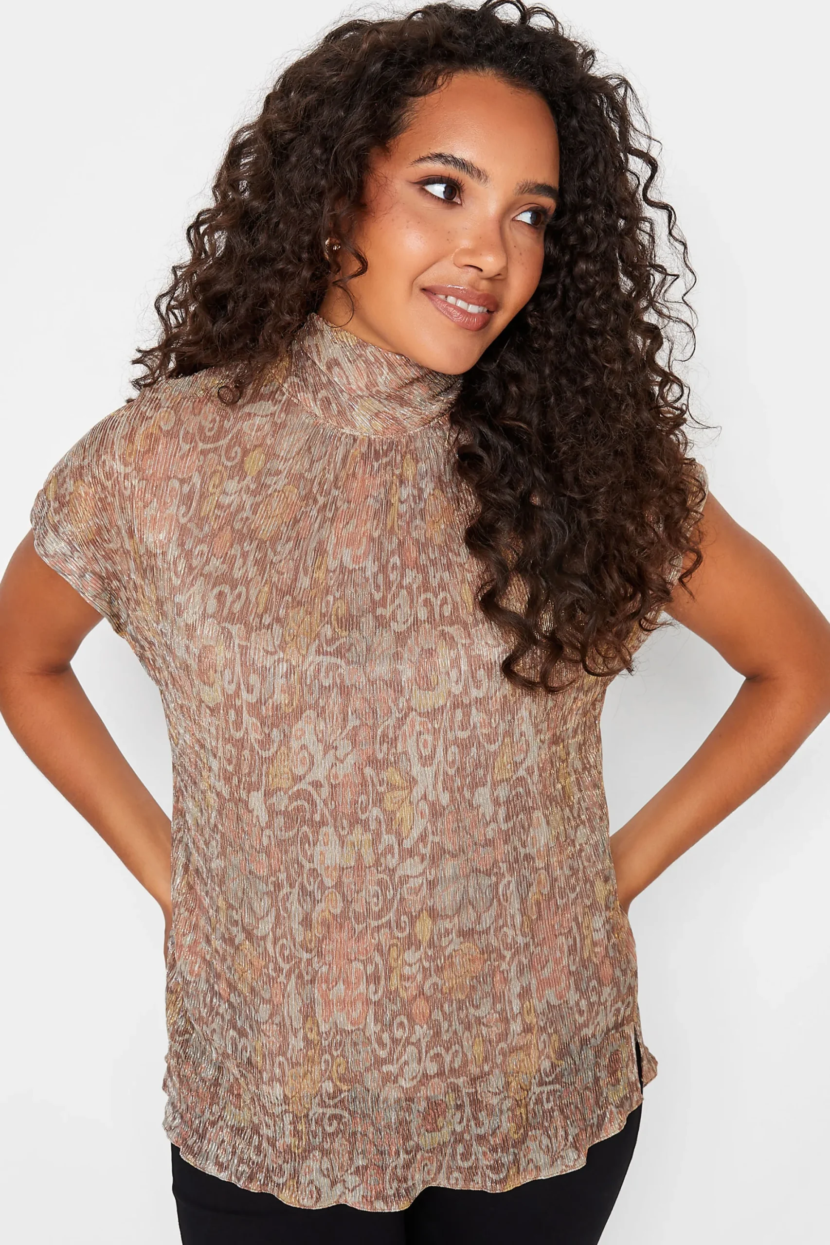 M&Co Womens Brown Paisley Print Glitter Blouse>Women Short Sleeve Tops