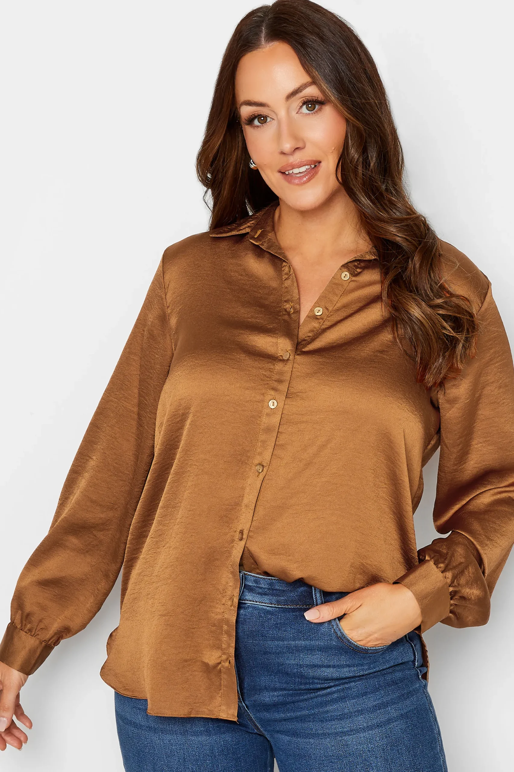 M&Co Womens Brown Satin Shirt>Women Shirts
