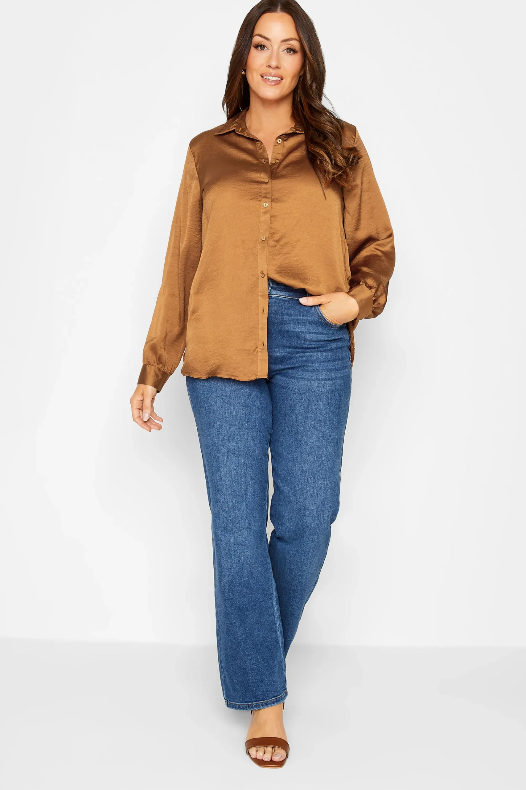 M&Co Womens Brown Satin Shirt>Women Shirts