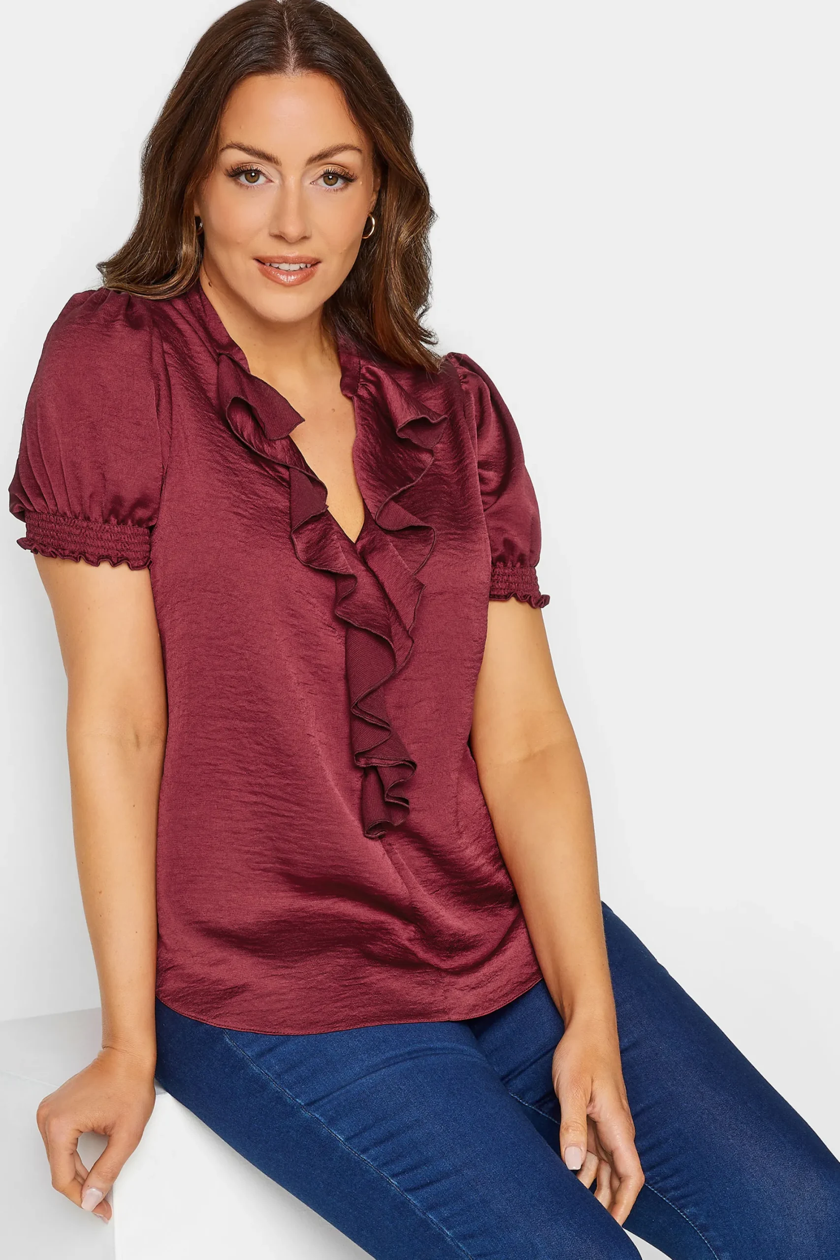 M&Co Womens Burgundy Red Frill Satin Blouse>Women Short Sleeve Tops