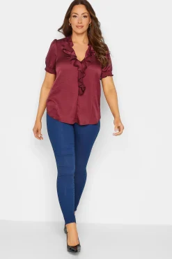 M&Co Womens Burgundy Red Frill Satin Blouse>Women Short Sleeve Tops
