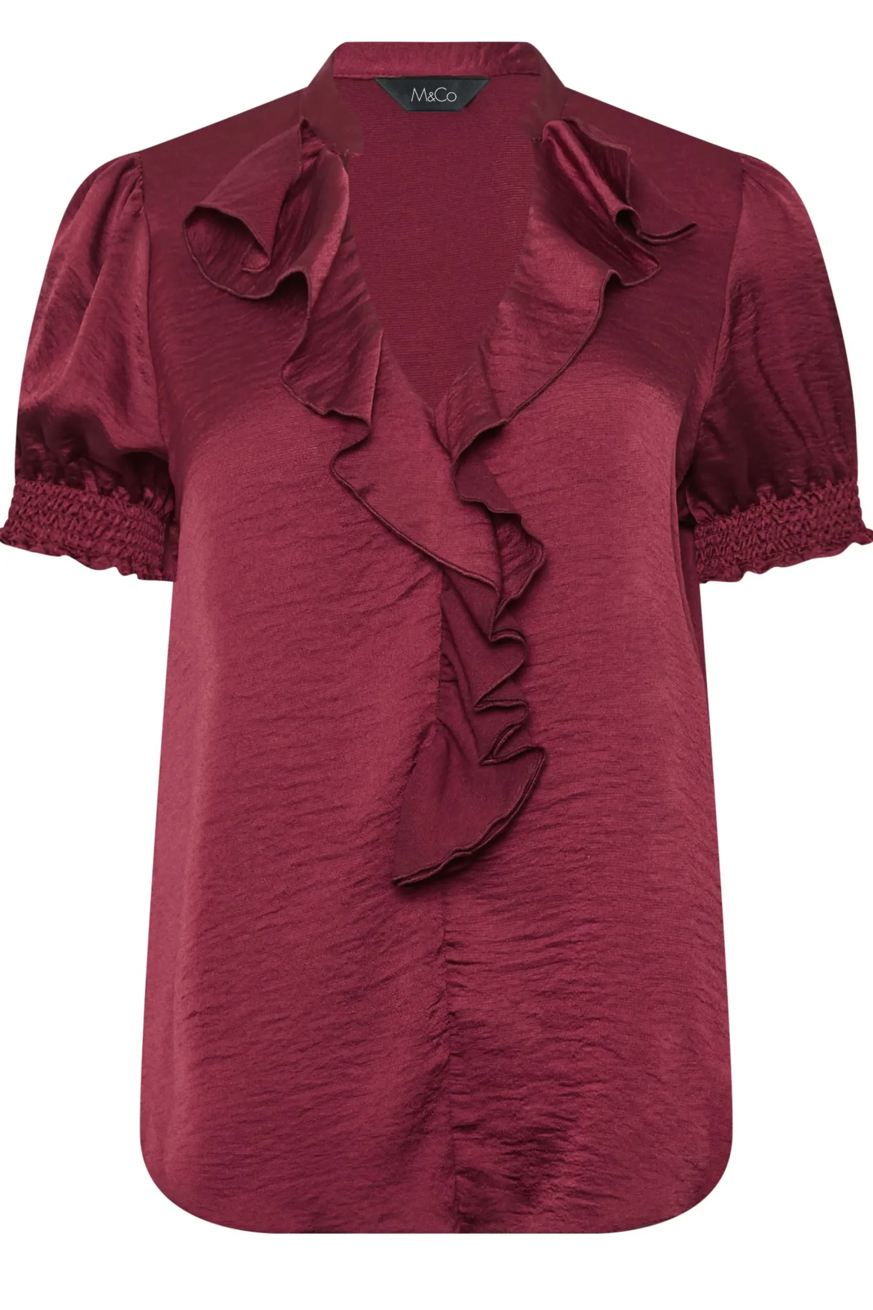 M&Co Womens Burgundy Red Frill Satin Blouse>Women Short Sleeve Tops
