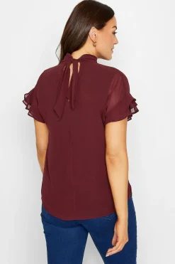 M&Co Womens Burgundy Red High Neck Frill Sleeve Blouse><noscript><img width=